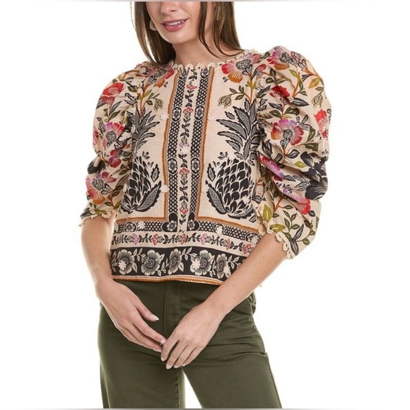 FARM Rio Tops - FARM Rio Romantic Garden Blouse 100% Cotton Tan w/Tropical Floral Print Sz Small
